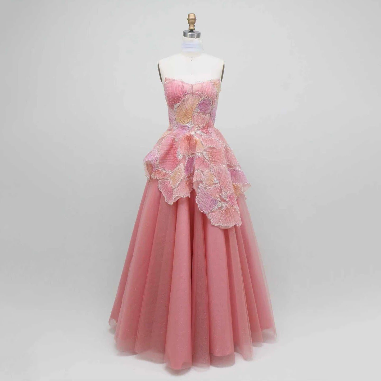 Luxury Peach Floral Appliqué A-Line Sparkly Evening Dress LA73185