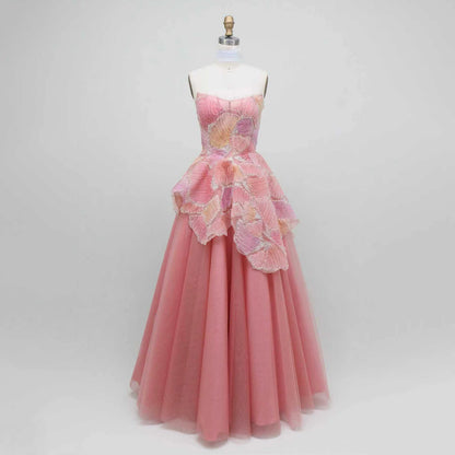 Luxury Peach Floral Appliqué A-Line Sparkly Evening Dress LA73185