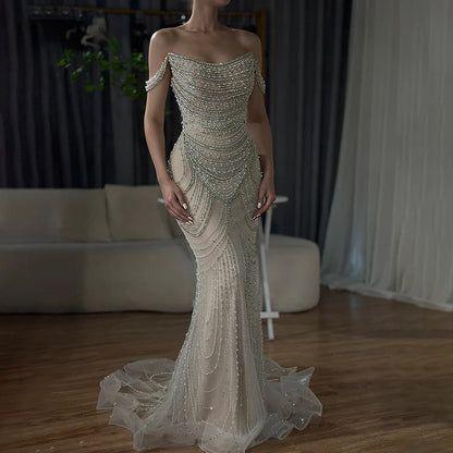 Luxury Crystal Silver Gray Pearl Beaded Evening Dress LA72253