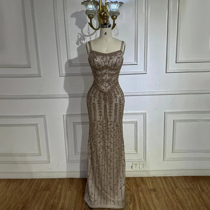 Luxury Arabic Blue Spaghetti Strap Mermaid Evening Dress Beaded LA72725