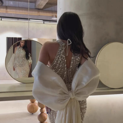 Luxury Kosovo Nude Halter Beaded Evening Dress with Bow Cape LA73218