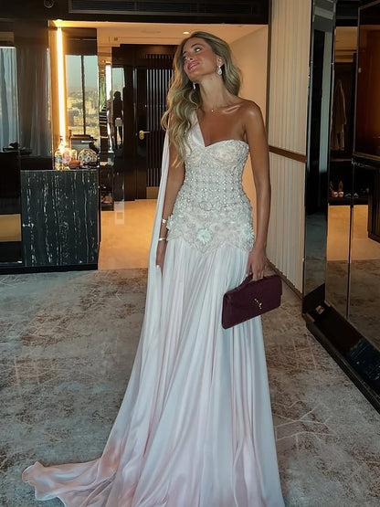 Luxury Pink Arabic Floral Evening Dress With Cape LA73451