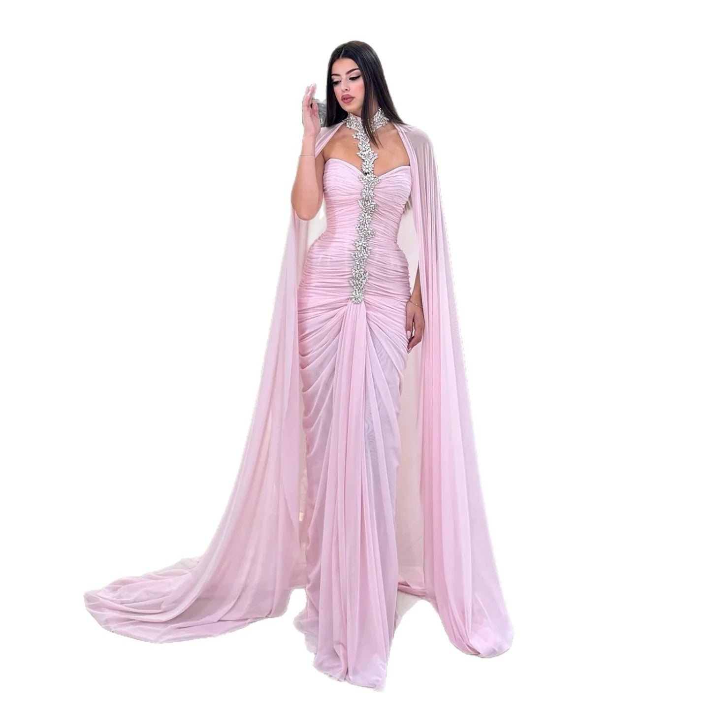 Luxury Pink Halter Crystal Beaded Evening Dress with Cape LA73374