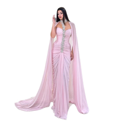 Luxury Pink Halter Crystal Beaded Evening Dress with Cape LA73374