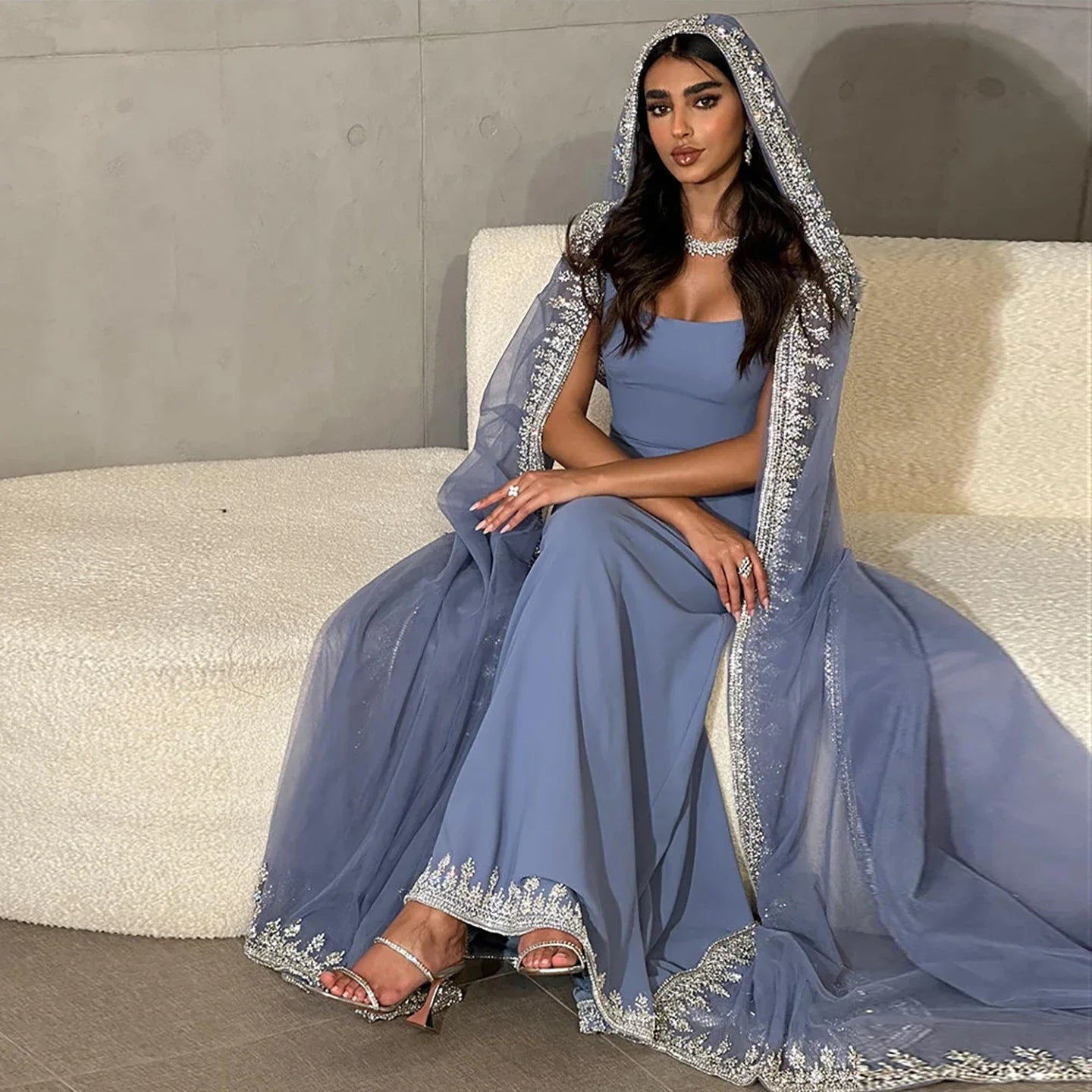 Luxury Blue Mermaid Beaded Evening Dress with Cape Sleeves LA72086