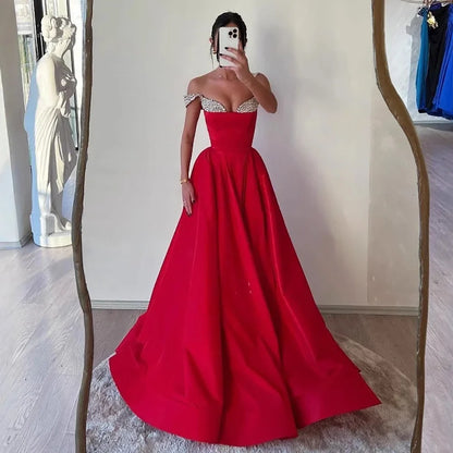 Luxury Red Beaded A Line Prom Dress Strapless Elegant Designer Gown LA73049