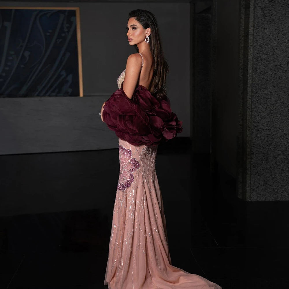 Luxury Designer Dreamy Pink Evening Dress With Cape Sleeves LA72850