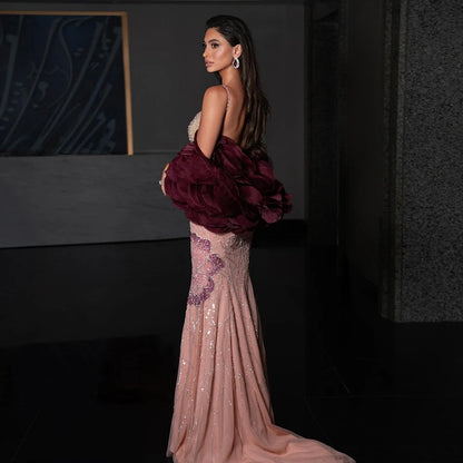 Luxury Designer Dreamy Pink Evening Dress With Cape Sleeves LA72850