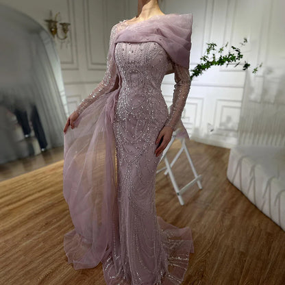 Luxury Pink Beaded Mermaid Evening Dress with Overskirt LA72348A