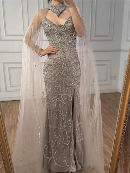 Luxury Sexy Split Evening Dress With Cape Nude LA73339