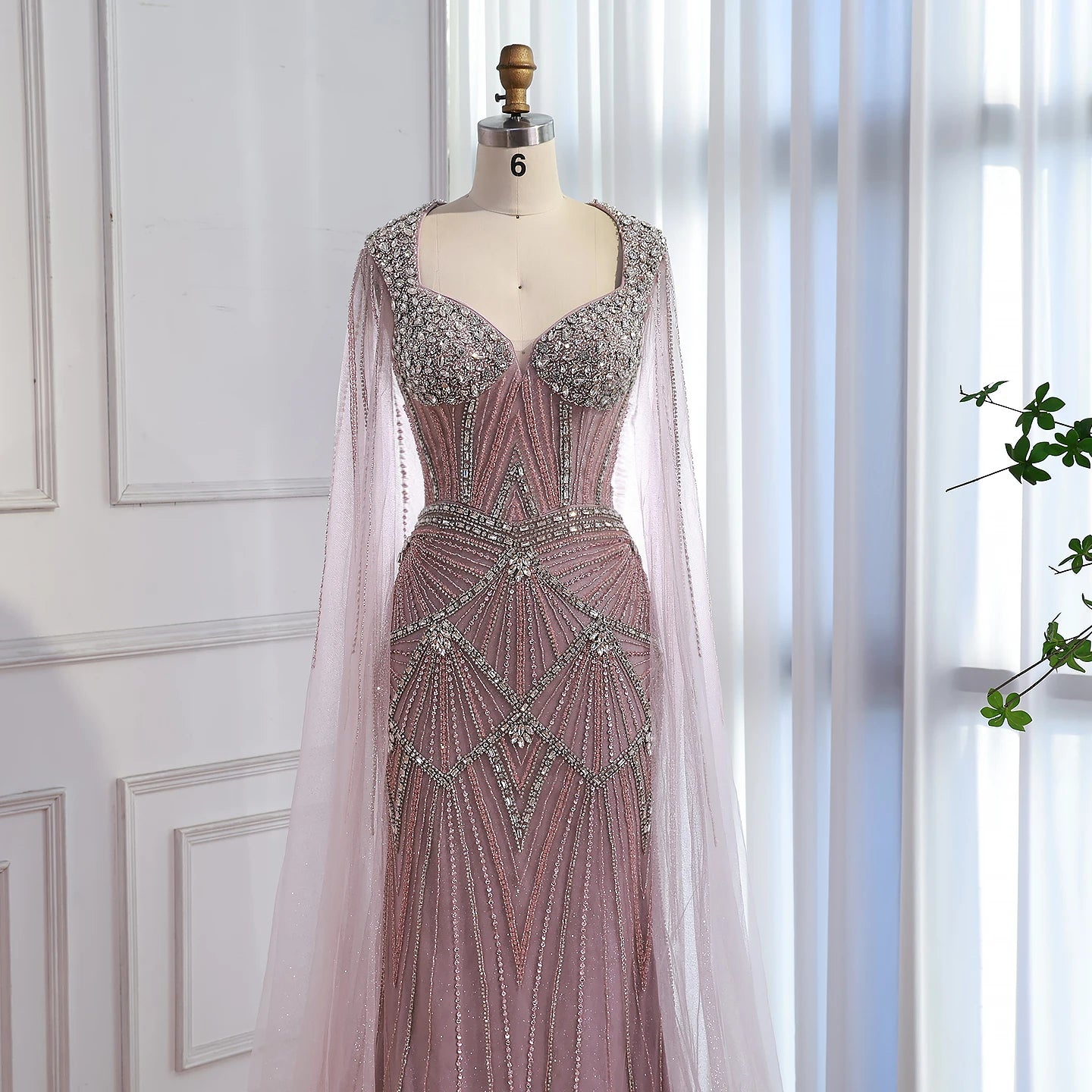Luxury Dubai Pink Beaded Evening Dress With Cape LA73329