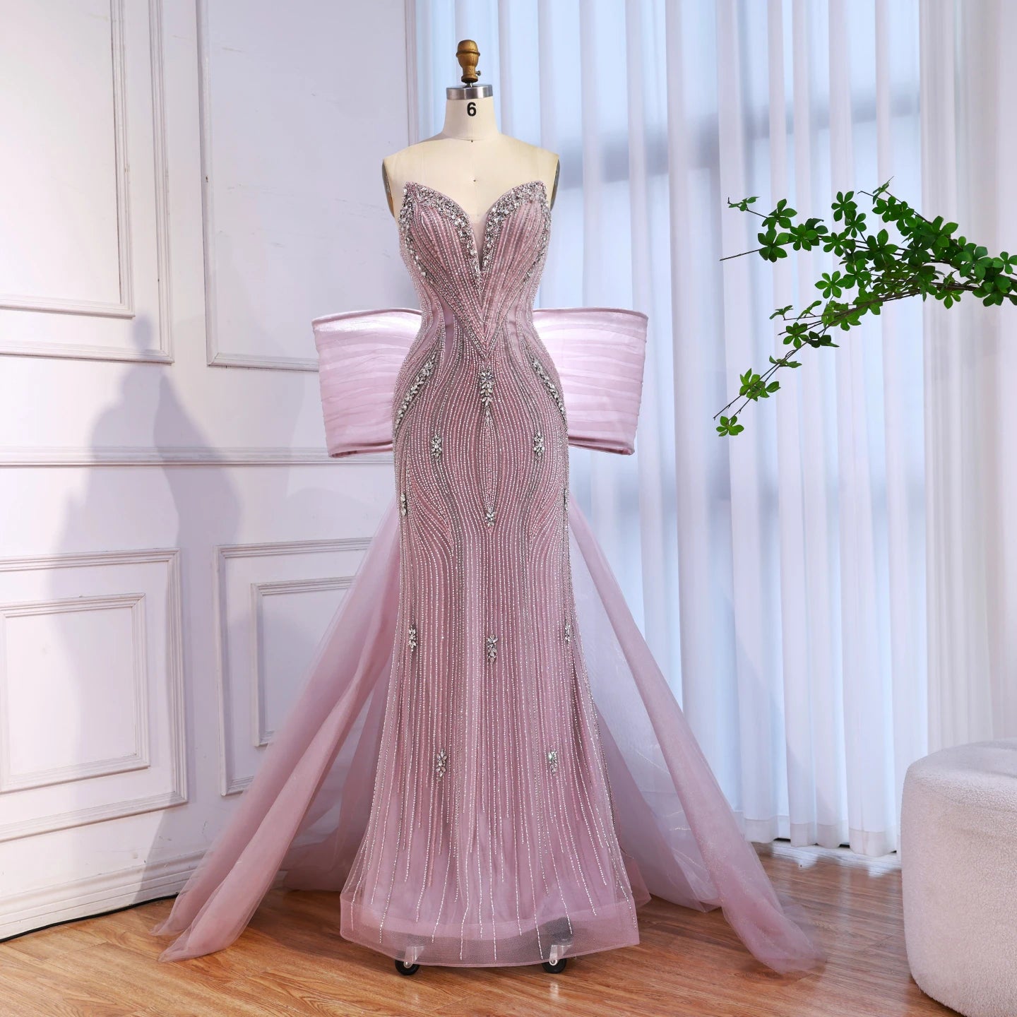 Luxury Designer Pink Mermaid Evening Dress with Big Bow LA73061