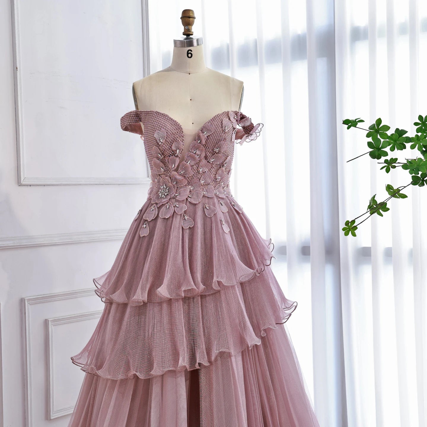 Luxury Pink Dreamy Ruffles Beaded A-Line Evening Dress LA73385