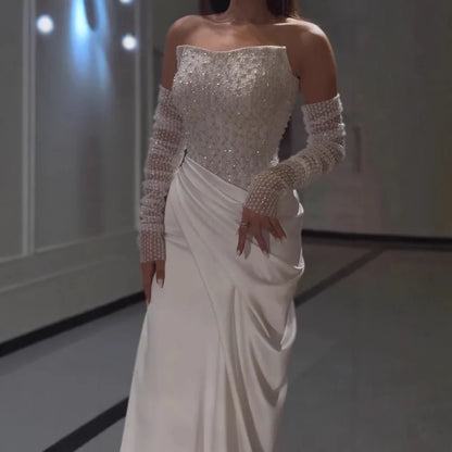 White Strapless Beaded Evening Dress with Detachable Sleeves LA72293A