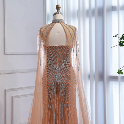 Luxury Nude Mermaid Evening Dress with Cape Sleeves LA73118