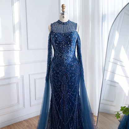 Luxury Dubai Navy Blue Beaded Lace Evening Dress with Cape Sleeves LA73323