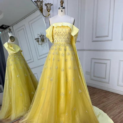 Serene Hill Luxury Dubai Arabic Yellow Elegant Boat Neck Long Evening Dress Beaded Party Gown for Women's Wedding LA72531