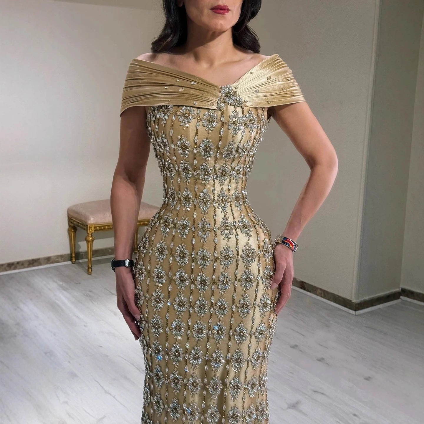 Luxury Gold Arabic Ruffles Evening Dress LA73362