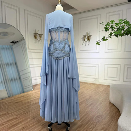 Luxury Blue Evening Dress with Pearls Tassels and Flowing Coat LA72978A