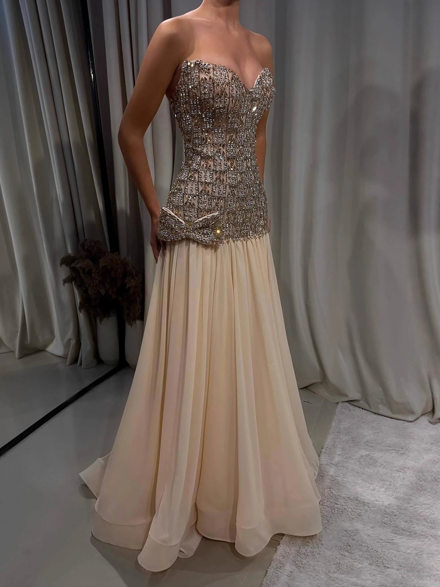 Luxury Champagne A-Line Crystal Beaded Evening Dress LA73361
