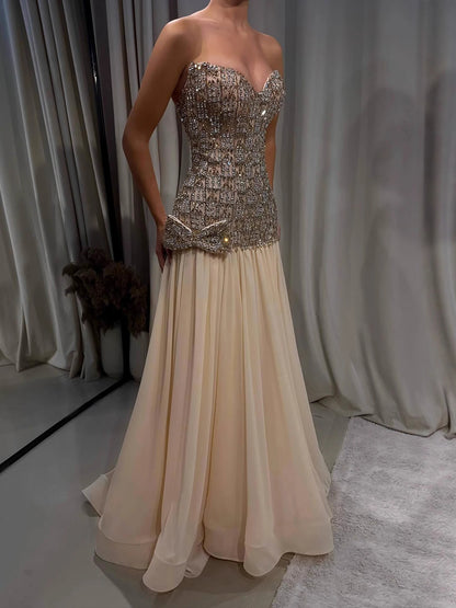 Luxury Champagne A-Line Crystal Beaded Evening Dress LA73361