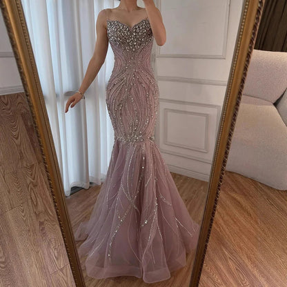 Luxury Pink Beaded Strapless Mermaid Evening Dress LA73124