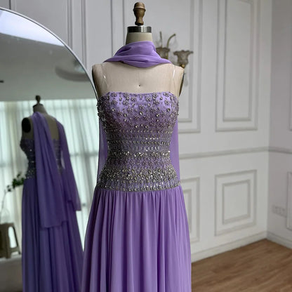 Lilac Strapless Beaded A Line Arabic Evening Dress LA73044