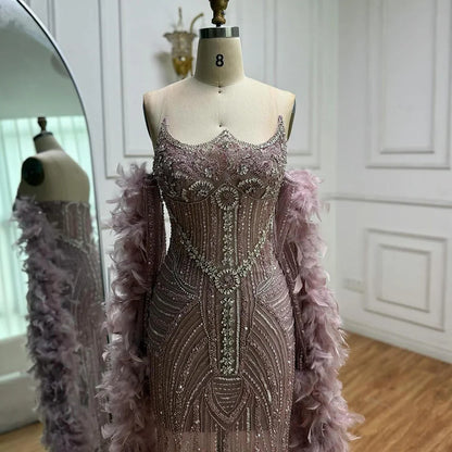 Luxury Caramel Beaded Evening Dress with Feather Sleeves LA73055