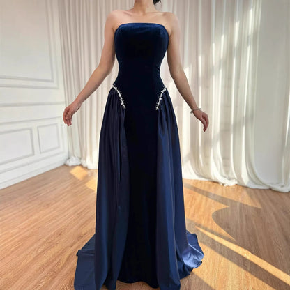 Luxury Navy Blue Mermaid Pearls Evening Dress Gowns With Skirt LA73351