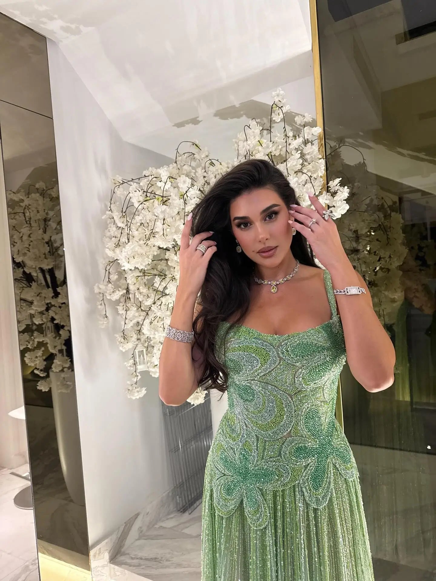 Luxury Arabic Green Beaded Spaghetti Strap Evening Dress LA73332