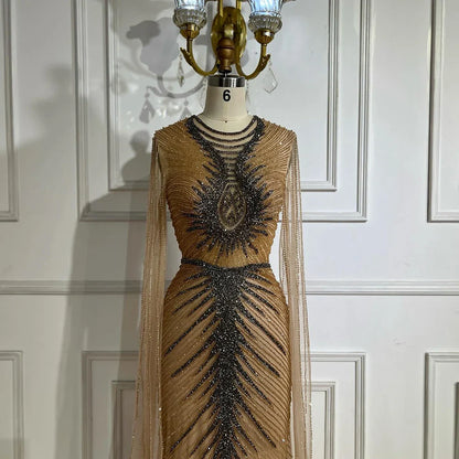 Luxury Caramel Beaded Evening Dress Gown with Cape Sleeves LA72940
