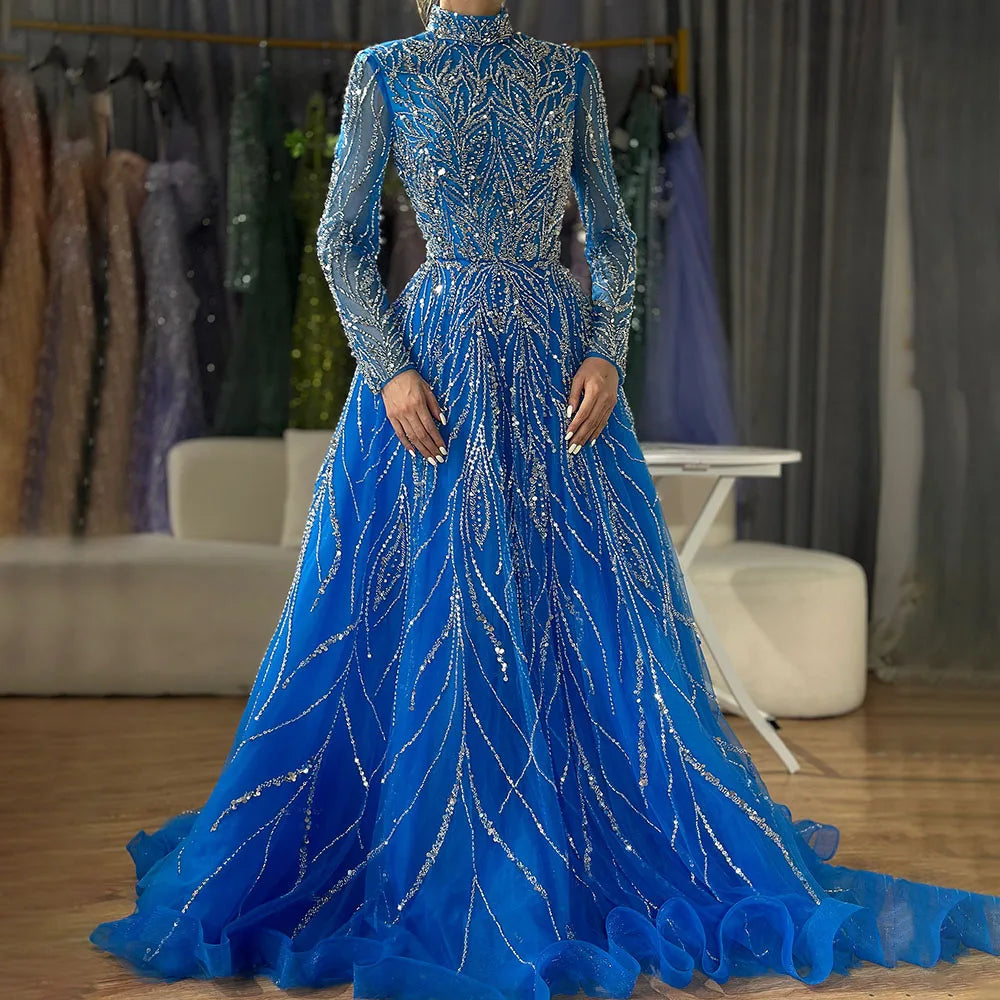 Luxury Muslim Blue A-Line Beaded Dubai Evening Dress LA72302A