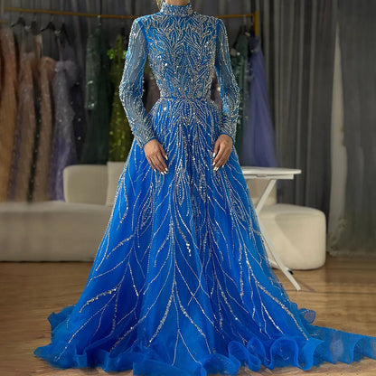 Luxury Muslim Blue A-Line Beaded Dubai Evening Dress LA72302A