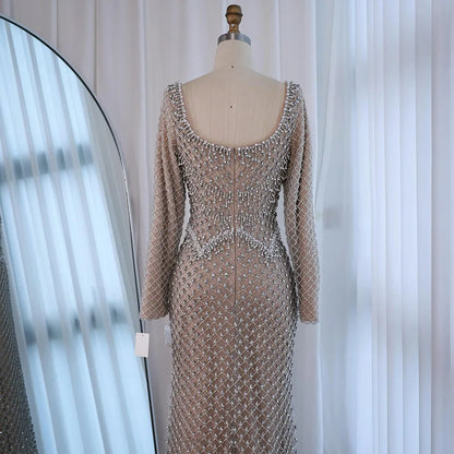 Modest Pearl Beaded Mermaid Evening Dress with Long Sleeves LA72919A