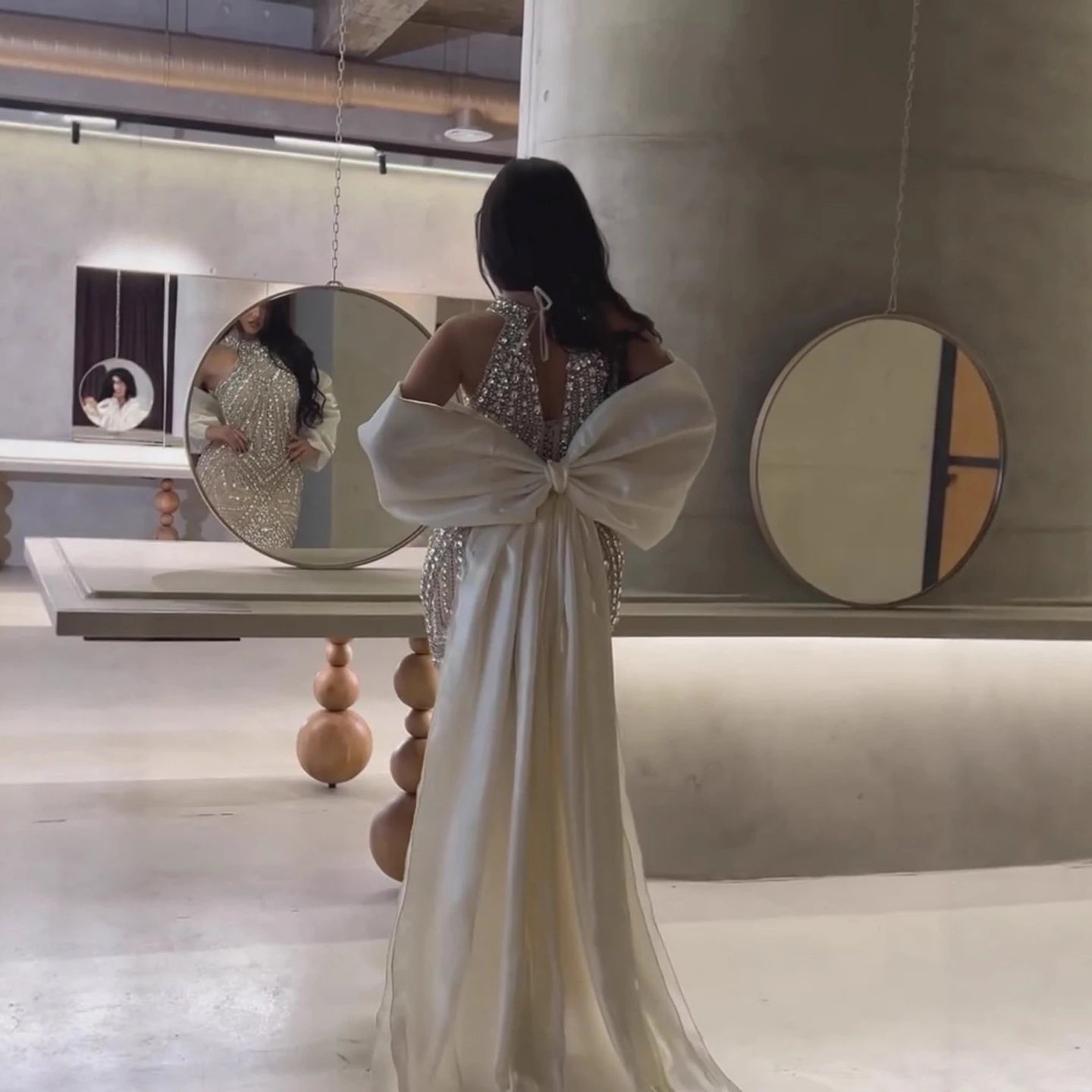 Luxury Kosovo Nude Halter Beaded Evening Dress with Bow Cape LA73218