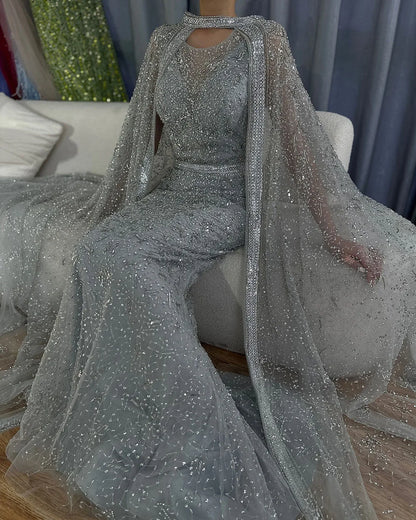 Luxury Gray Arabic Mermaid Evening Dress with Cape LA72180