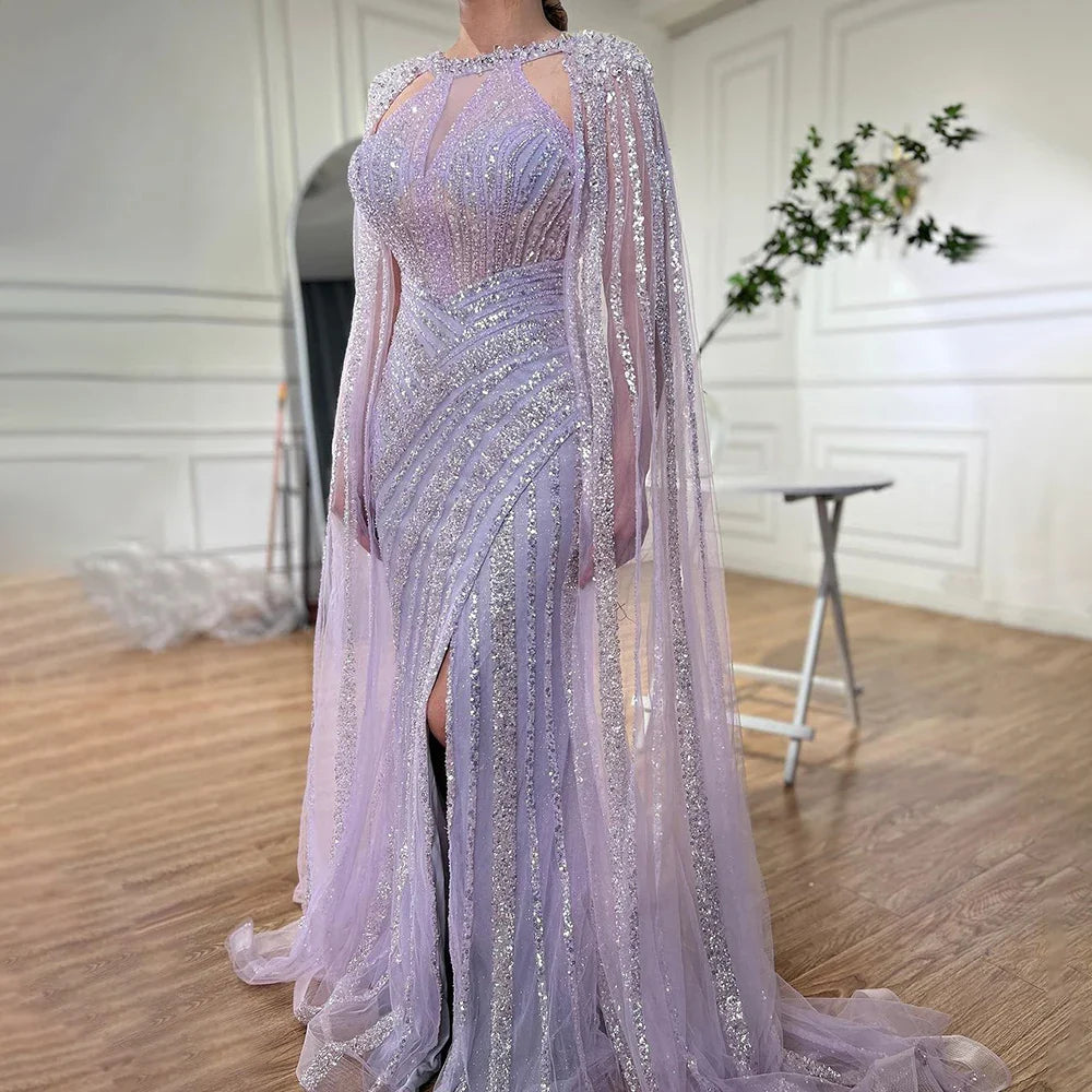 Luxury Crystal Yellow Evening Dress with Cape Sleeves LA72085