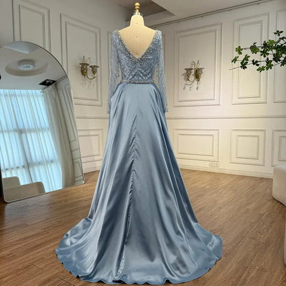 Luxury  Muslin Blue hijab Evening Dress With Long Sleeves LA72963