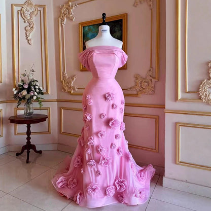 Elegant Pink 3D Flower Off Shoulder Mermaid Evening Dress LA73222