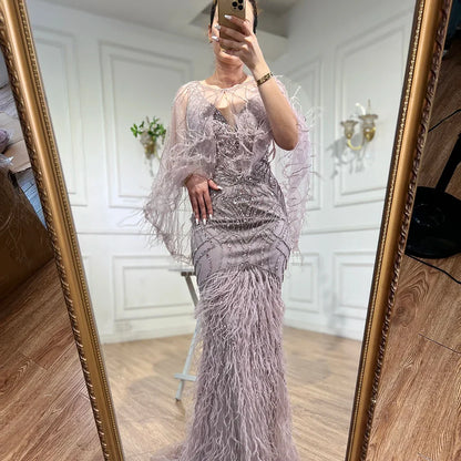 Luxury Caramel Feather Beaded Mermaid Evening Dress LA71866