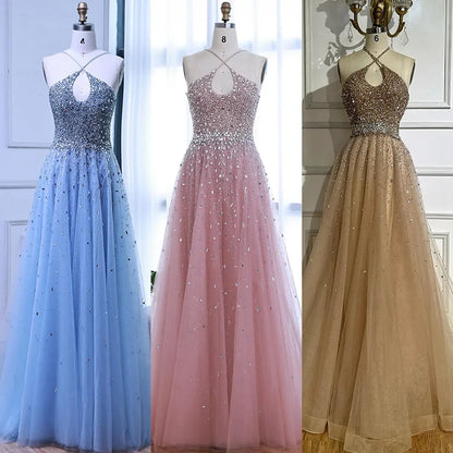 Caramel Halter Beaded Tulle A-Line Evening Gown Dubai Saudi LA72863