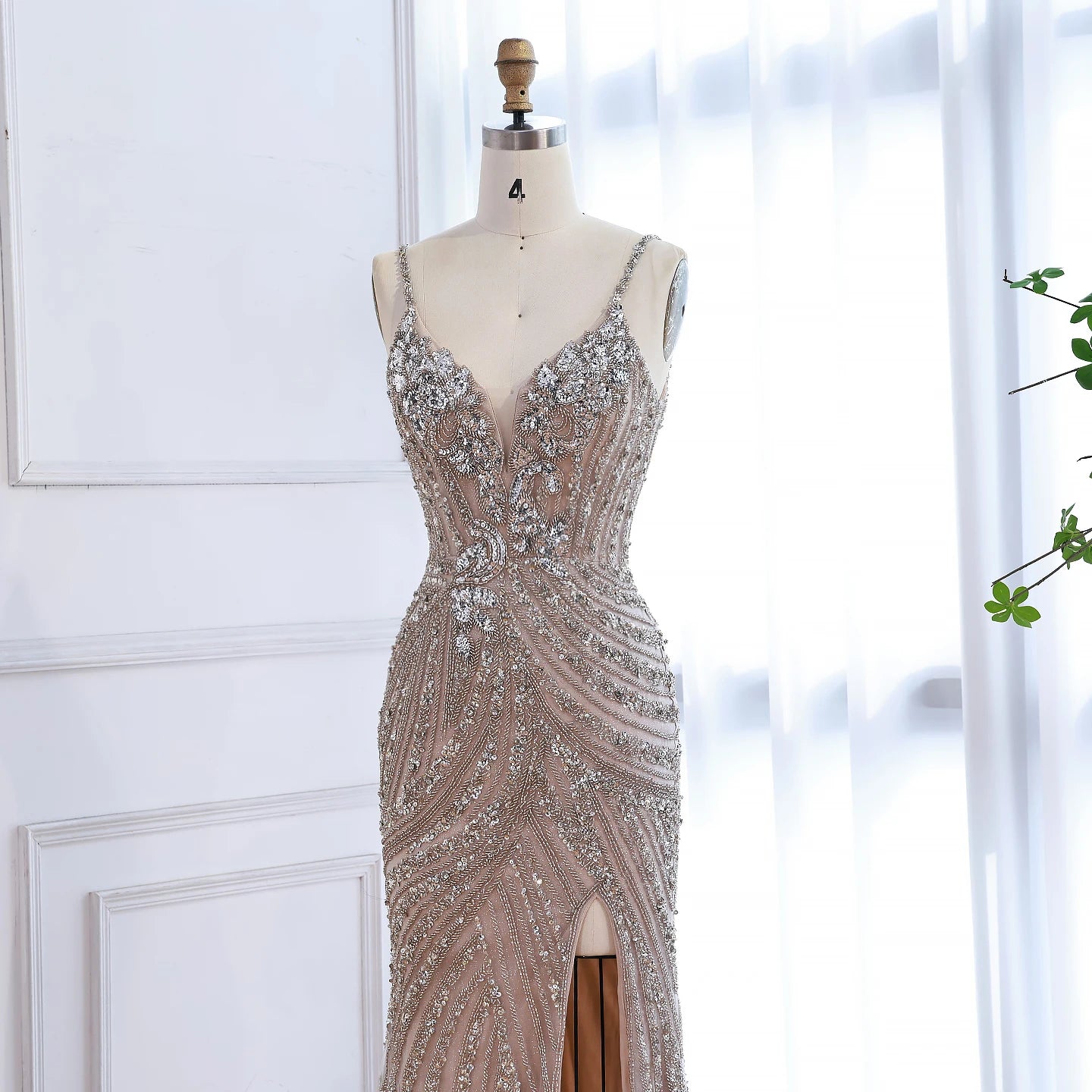 Luxury Nude Beaded High Slit Mermaid Evening Dress LA73340