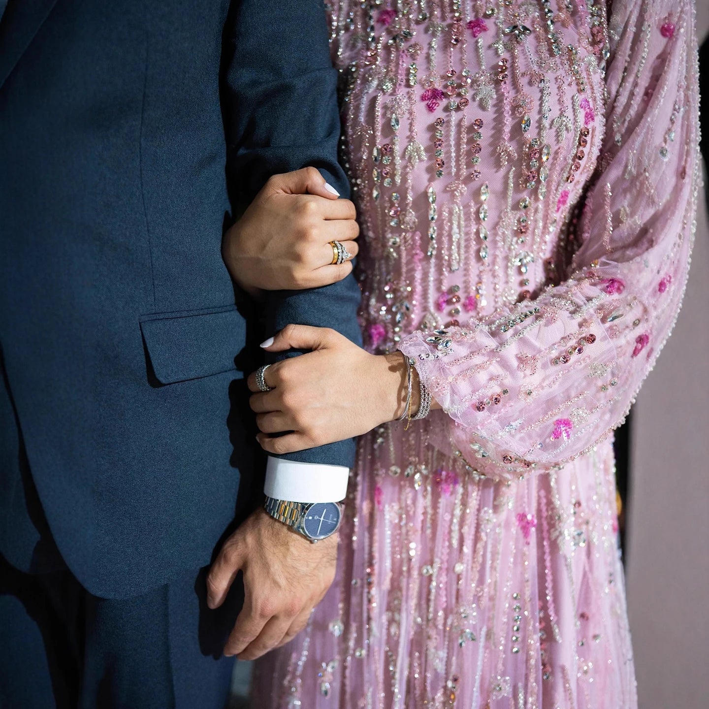 Luxury Pink Arabic Modest Muslim A-Line Crystal Beaded Evening Dress LA73363