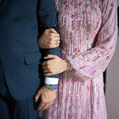 Luxury Pink Arabic Modest Muslim A-Line Crystal Beaded Evening Dress LA73363