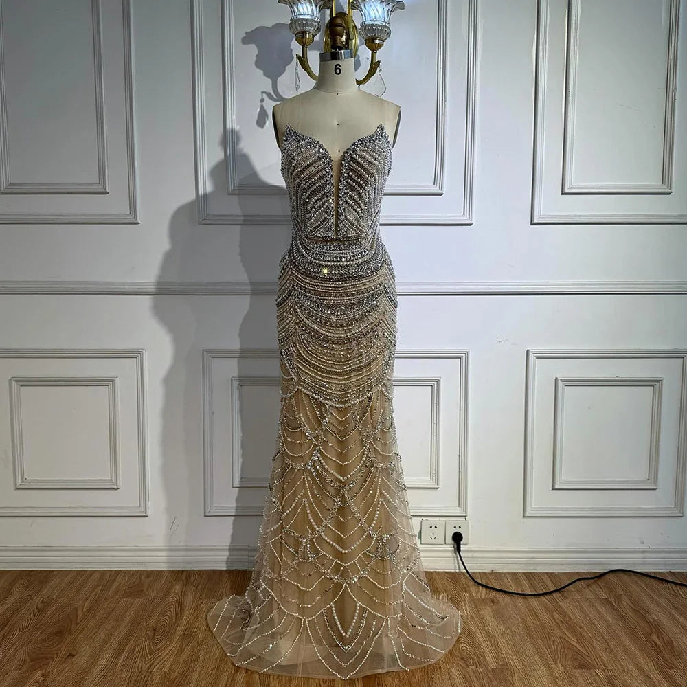 Luxury Nude Silver Beaded Evening Gown with Crystals LA72900