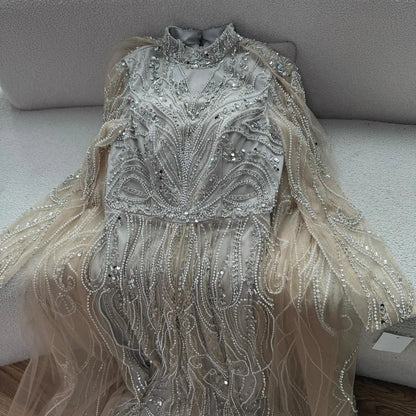 Luxury Sliver Hijab Modest Muslim Beaded Evening Dress LA73215