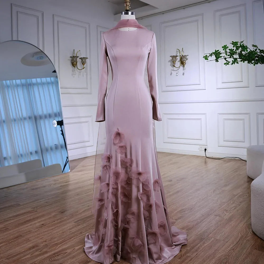 Luxury Pink 3D Flower Evening Dress  Long Sleeves LA72954