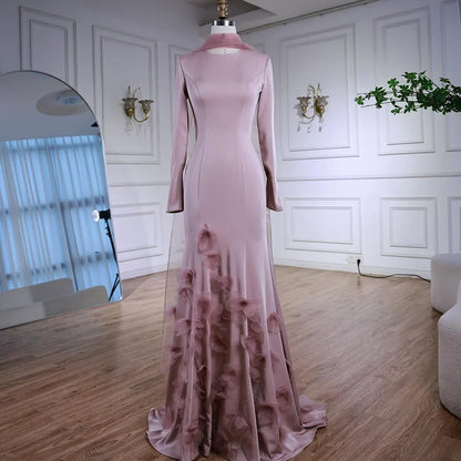 Luxury Pink 3D Flower Evening Dress  Long Sleeves LA72954