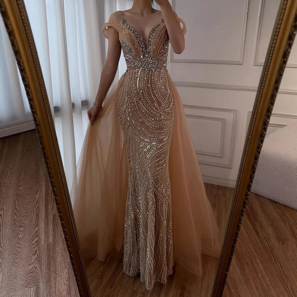 Luxury Nude Mermaid Off Shoulder Beaded Evening Dress with Overskirt LA73131