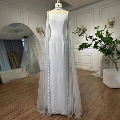 Luxury Blue Mermaid Beaded Evening Dress with Cape Sleeves LA72086